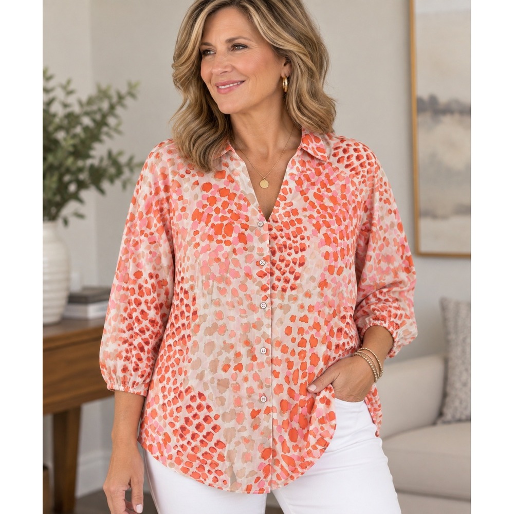 Cabi Serene Blouse 6081 Womens Small Coral Pink Abstract Animal Print Top